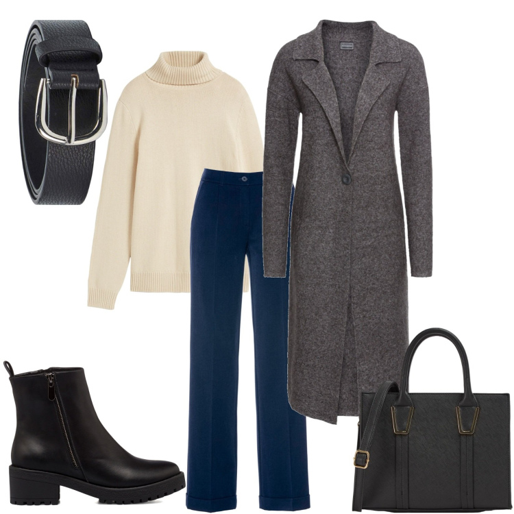 Outfit donna - Total look #1764357. Stile Casual chic per Tutti i giorni. Abbinamento con pantaloni, cappotti, maglieria, shopping bag, cinture, stivaletti.