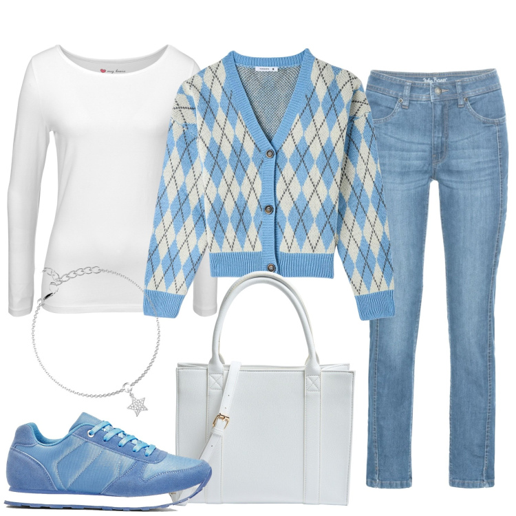Outfit donna - Il cardigan a rombi. Stile Casual per Tutti i giorni. Abbinamento con t-shirt sportive, jeans, sneakers, cardigans, shopping bag, braccialetti con ciondoli.