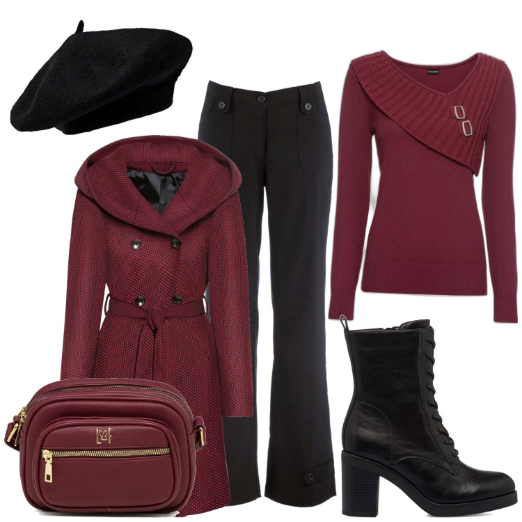 Outfit donna - Bordeaux e nero. Stile Casual chic per Tutti i giorni. Abbinamento con maglieria, pantaloni, cappotti, anfibi, borse a tracolla, cappelli e berretti.
