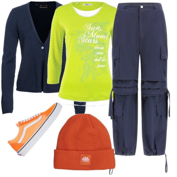 Outfit donna - Passeggiata con il mio fedele amico. Stile Urban per Tutti i giorni. Abbinamento con maglieria, cardigans, pantaloni cargo, cappelli, sneakers.