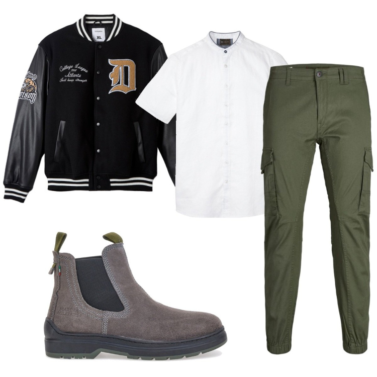 Outfit uomo - Total look #1764409. Stile Casual per Tutti i giorni. Abbinamento con camicie a manica corta, bomber, pantaloni cargo, stivali e stivaletti.