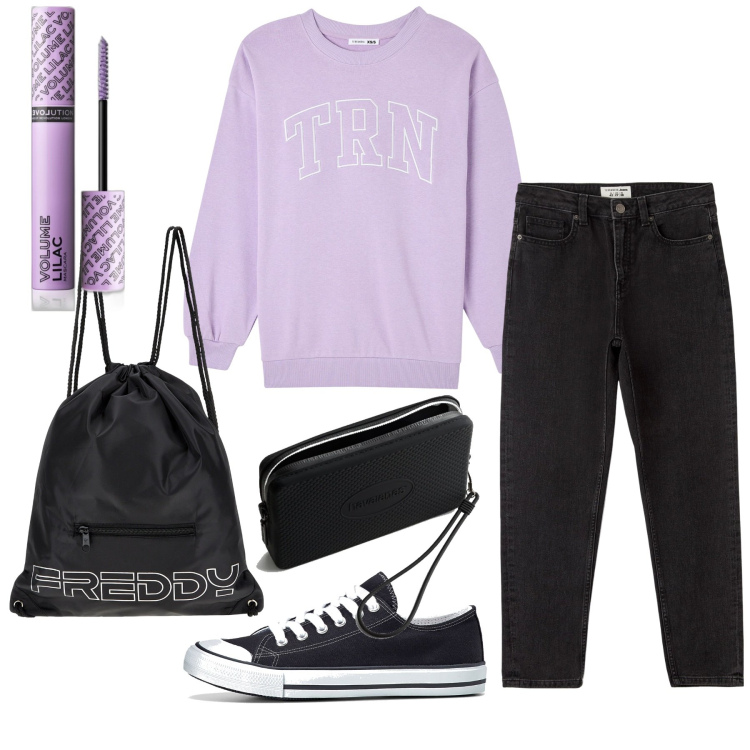 Outfit donna - Felpa lilla. Stile Casual per Tutti i giorni. Abbinamento con scarpe sportive, mascara, jeans mom, felpe, zaini, portafogli.