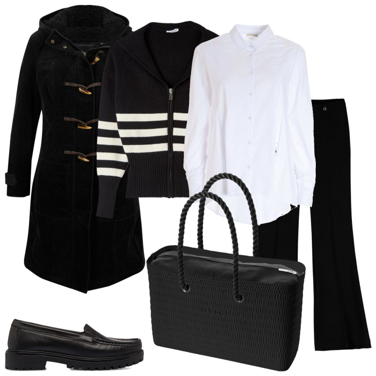 Outfit donna - Vado al lavoro. Stile Bon Ton per Ufficio. Abbinamento con montgomery, maglieria, camicie, pantaloni, mocassini, borse a spalla.