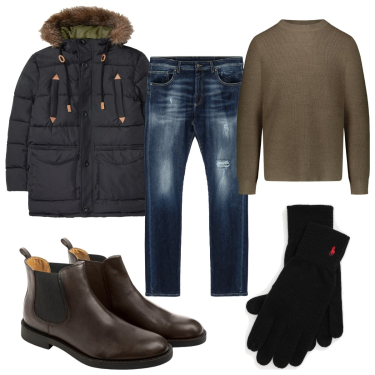 Outfit uomo - Un capospalla a novembre. Stile Casual per Tutti i giorni. Abbinamento con giacche, jeans dritti, guanti, maglieria, stivali e stivaletti.
