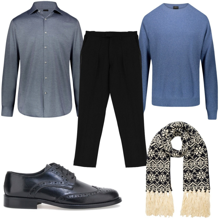 Outfit uomo - Total look #1764493. Stile Trendy per Tutti i giorni. Abbinamento con pantaloni, sciarpe, camicie, maglieria, scarpe stringate.