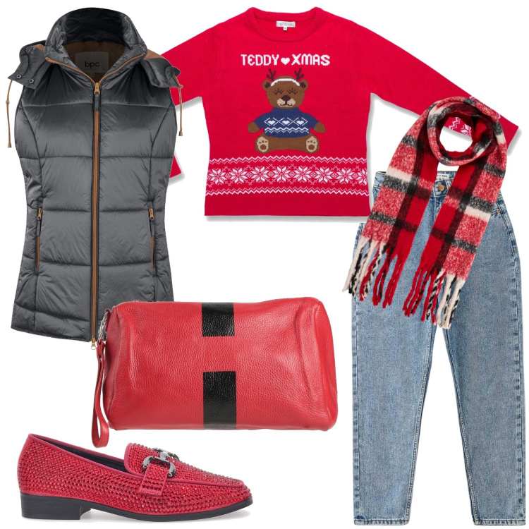 Outfit donna - Per un caffè. Stile Casual per Tutti i giorni. Abbinamento con gilet, borse a mano, jeans mom, sciarpe, maglieria, mocassini.
