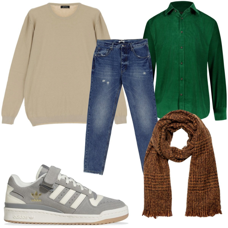 Outfit uomo - Total look #1764530. Stile Casual per Tutti i giorni. Abbinamento con maglieria, jeans dritti, sciarpe, camicie, sneakers.