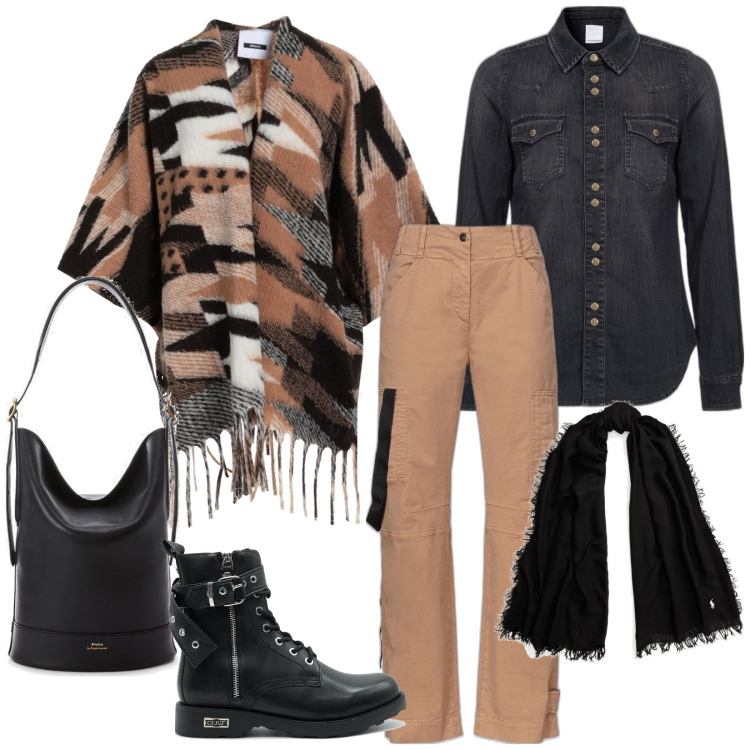 Outfit donna - Total look #1764534. Stile Casual per Tutti i giorni. Abbinamento con cardigans, pantaloni cargo, camicie, borse a secchiello, sciarpe, anfibi.