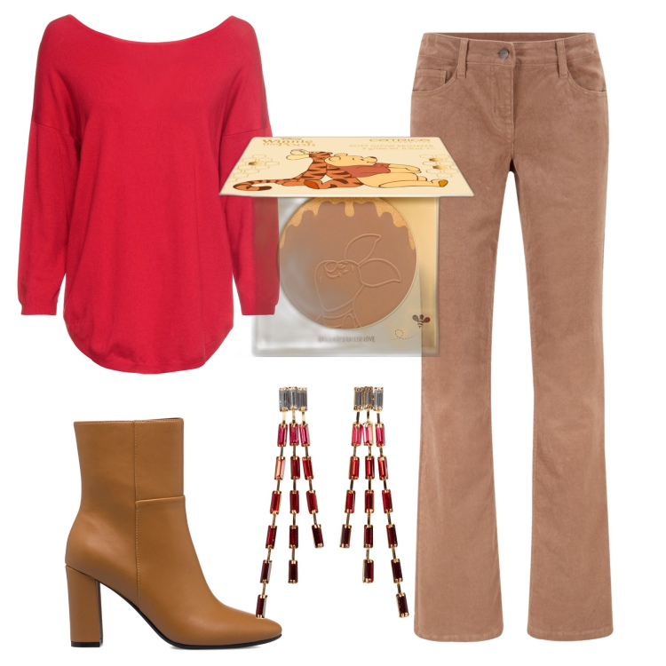 Outfit donna - Winnie the pooh. Stile Minimal per Tutti i giorni. Abbinamento con pantaloni, orecchini, maglieria, terre, stivaletti.