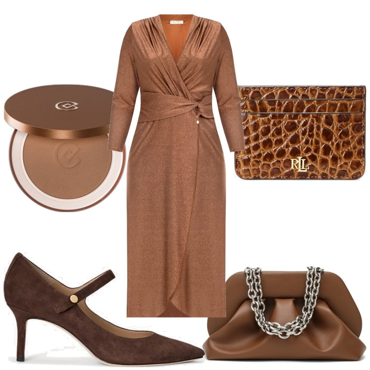 Outfit donna - Total look in marrone. Stile Trendy per Serata fuori. Abbinamento con terre, vestiti lunghi, portafogli, décolleté, borse a mano.