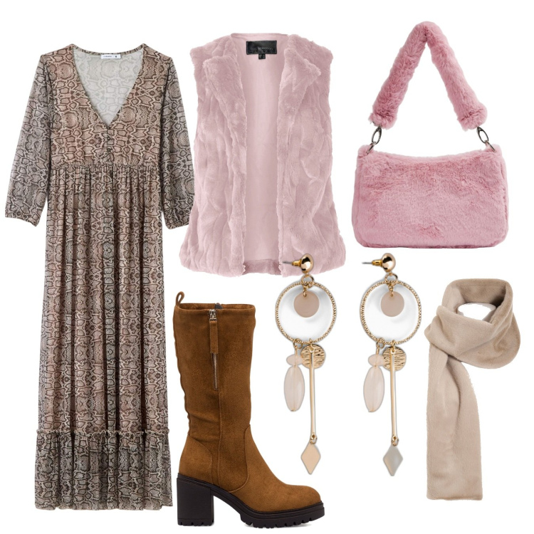 Outfit donna - Boho autunnale. Stile Boho per Tutti i giorni. Abbinamento con gilet, orecchini, vestiti lunghi, borse a spalla, foulard, stivali sopra il ginocchio.