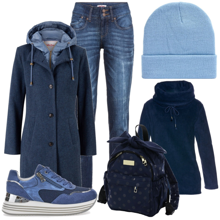 Outfit donna - Total blu. Stile Basic per Scuola/Università. Abbinamento con cappotti, maglieria, jeans mom, berretti, sneakers, zaini.