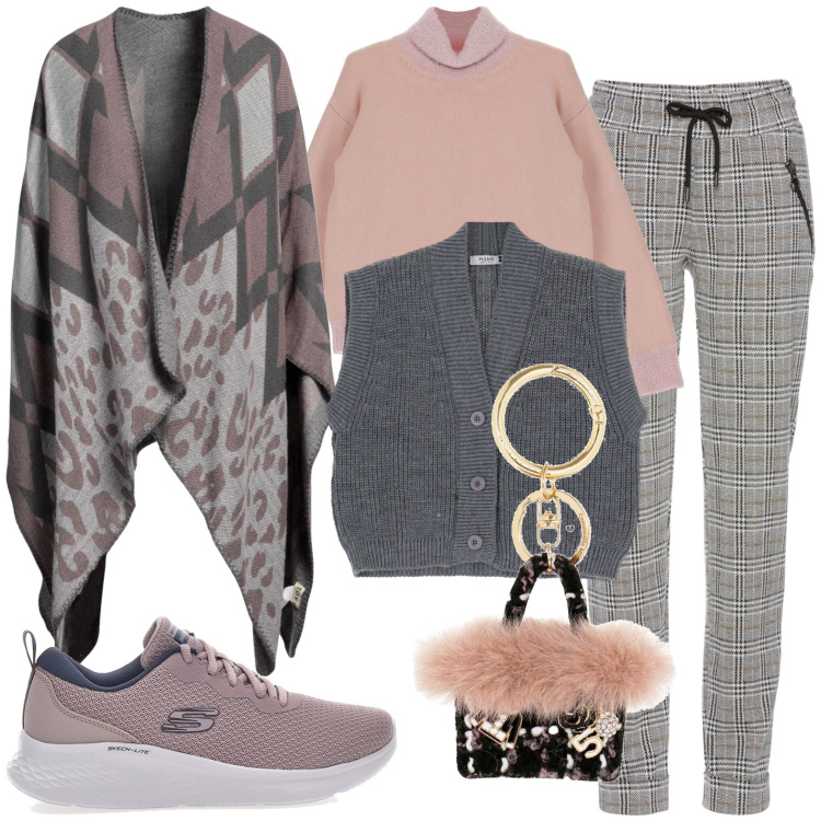 Outfit donna - Total look #1764576. Stile Casual per Ufficio. Abbinamento con pantaloni, cappe, maglieria, gilet, sneakers, portachiavi.