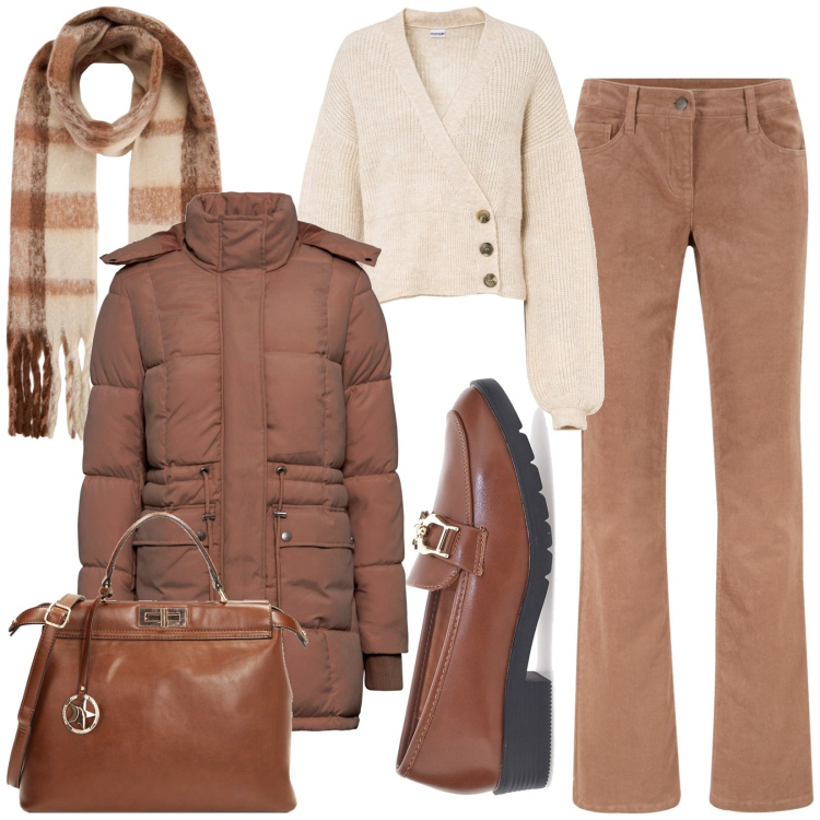 Outfit donna - Toni di marrone. Stile Casual per Tutti i giorni. Abbinamento con pantaloni, maglieria, piumini, sciarpe, borse a mano, mocassini.