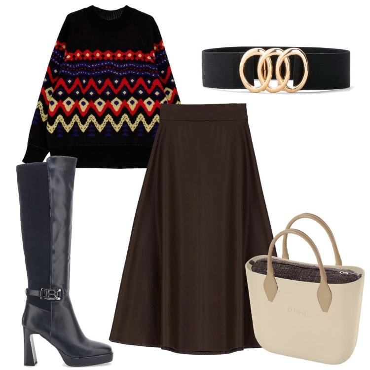 Outfit donna - Calzature nere: gli stivali. Stile Trendy per Tutti i giorni. Abbinamento con cinture, maglieria, gonne longuette, stivali sopra il ginocchio, borse a spalla.