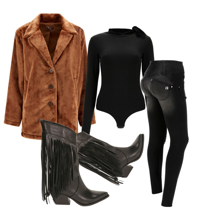 Outfit donna - Ghost outfitter - novembre. Stile Glamour per Tutti i giorni. Abbinamento con jeans strappati, cappotti, body, stivali.