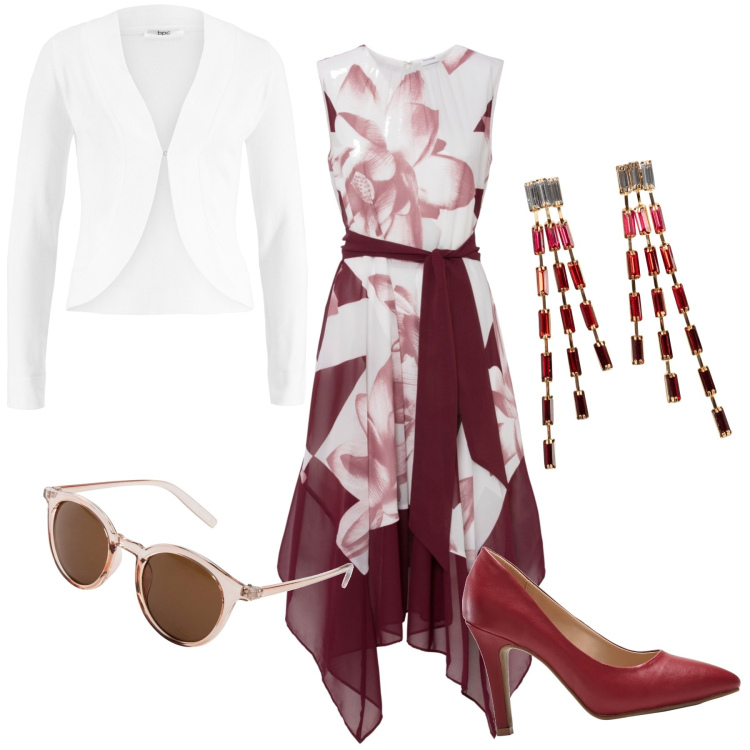 Outfit donna - Battesimo autunnale. Stile Glamour per Cerimonia. Abbinamento con orecchini, occhiali da sole, vestiti, décolleté, blazer.