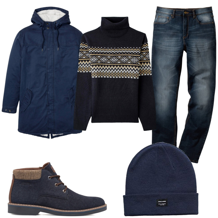 Outfit uomo - Parka per la pioggia. Stile Casual per Tutti i giorni. Abbinamento con jeans dritti, parka, maglieria, stivali e stivaletti, berretti.