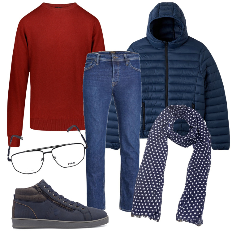 Outfit uomo - In ufficio. Stile Casual per Ufficio. Abbinamento con maglieria, sciarpe, jeans, sneakers alte, cappotti, occhiali.