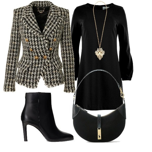 Outfit donna - Oscurità. Stile Trendy per Tutti i giorni. Abbinamento con borse a spalla, stivaletti, ciondoli, giacche, vestiti midi/longuette.