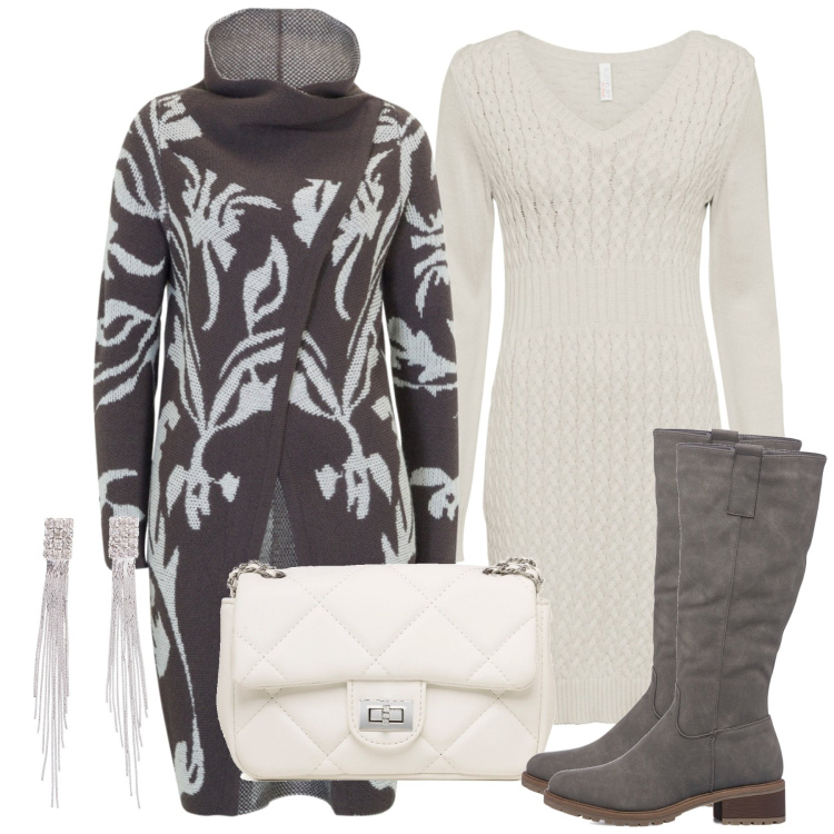 Outfit donna - Bianco a novembre. Stile Chic per Ufficio. Abbinamento con vestiti, orecchini, cardigans, stivali sopra il ginocchio, borse a tracolla.