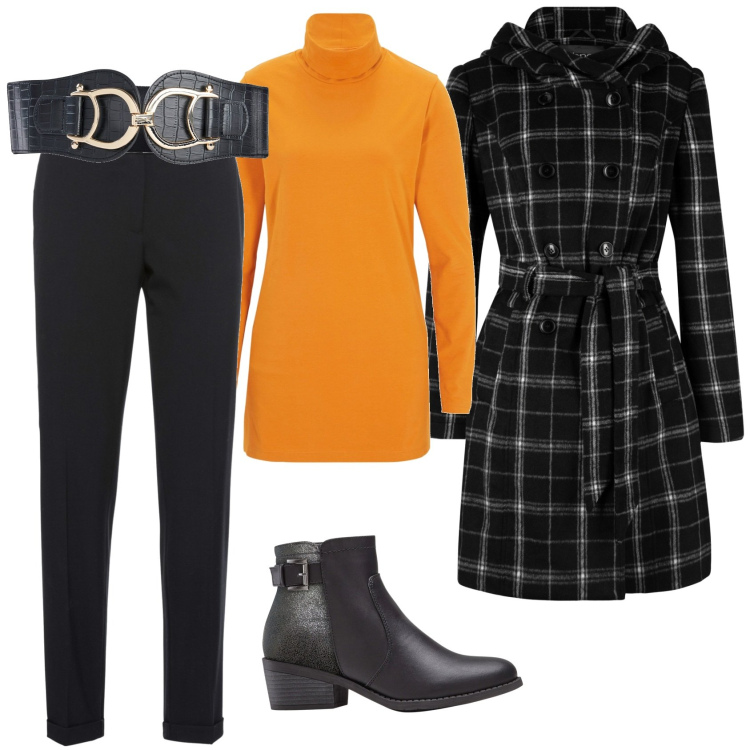 Outfit donna - Voglia di sconti. Stile Basic per Tutti i giorni. Abbinamento con pantaloni, maglieria, cappotti, cinture, stivaletti.