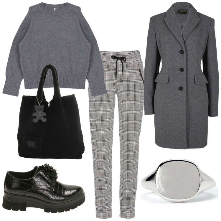 Outfit donna - Grey mannish. Stile Mannish per Ufficio. Abbinamento con pantaloni, cappotti, anelli, pullovers, scarpe stringate, shopping bag.