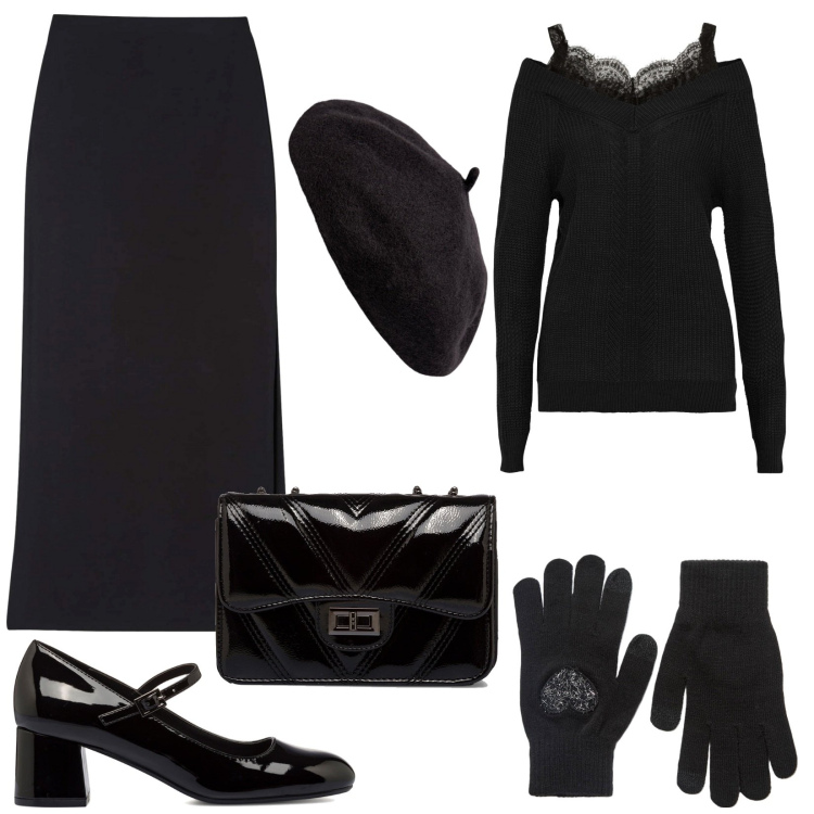 Outfit donna - Cappello e guanti. Stile Bon Ton per Serata fuori. Abbinamento con maglieria, gonne lunghe, guanti, décolleté, borse a tracolla, cappelli e berretti.