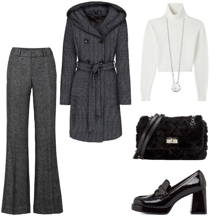 Outfit donna - Speciale Maglieria - novembre. Stile Vintage retrò per Ufficio. Abbinamento con pantaloni a palazzo, cappotti, maglieria, borse a spalla, collane, mocassini.