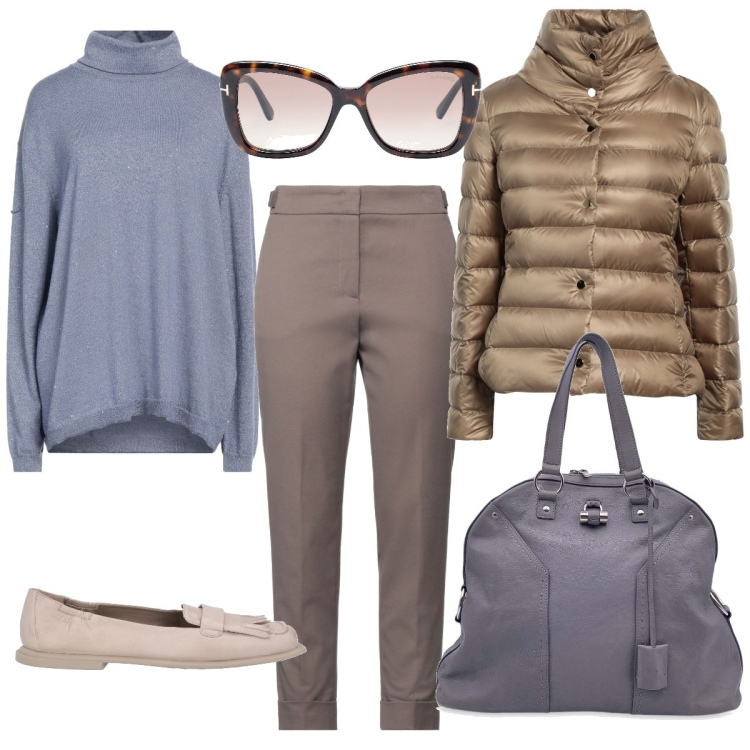 Outfit donna - Mocassini e piumino. Stile Casual chic per Ufficio. Abbinamento con piumini, pantaloni, borse a mano, maglieria, mocassini, occhiali da sole.