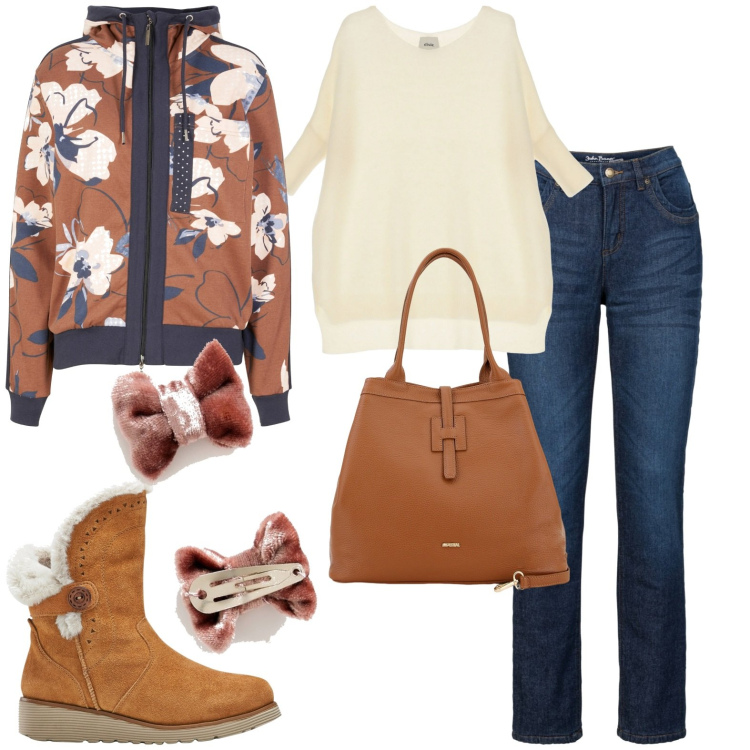 Outfit donna - Over 50. Stile Casual per Tutti i giorni. Abbinamento con stivali, felpe, jeans dritti, borse a secchiello, maglieria, accessori per capelli.