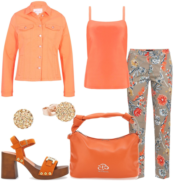 Outfit donna - Estate arancione. Stile Glamour per Tutti i giorni. Abbinamento con pantaloni, cappotti, canottiere, borse a mano, zoccoli, orecchini.