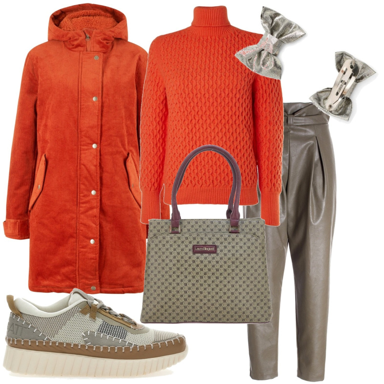 Outfit donna - A passeggio. Stile Casual per Tutti i giorni. Abbinamento con parka, pantaloni, maglieria, sneakers, accessori per capelli, borse a mano.