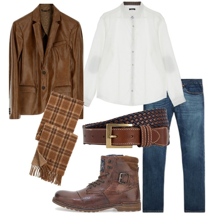 Outfit uomo - La camicia bianca trendy. Stile Trendy per Tutti i giorni. Abbinamento con giacche, camicie, jeans dritti, sciarpe, cinture, anfibi.