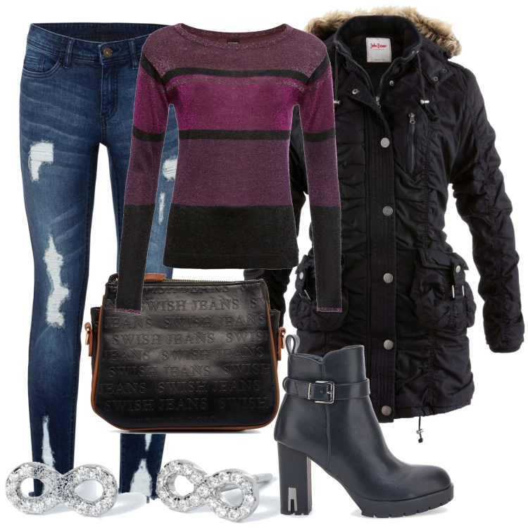 Outfit donna - Il pullover viola a righe. Stile Casual chic per Tutti i giorni. Abbinamento con maglieria, cappotti, jeans strappati, orecchini, borse a tracolla, stivaletti.