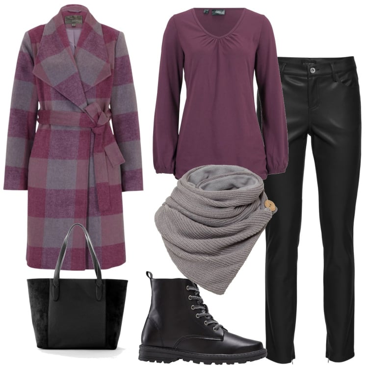 Outfit donna - Cappotto a quadri. Stile Casual chic per Tutti i giorni. Abbinamento con maglieria, foulard, shopping bag, cappotti, pantaloni, stivaletti.