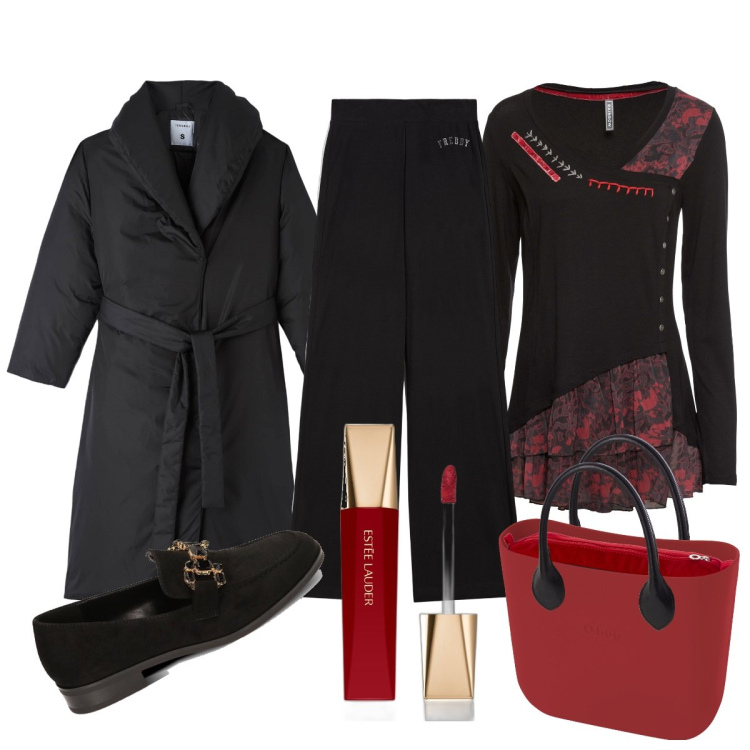 Outfit donna - La casacca nera con il pizzo rosso. Stile Bon Ton per Ufficio. Abbinamento con maglieria, rossetti, piumini, mocassini, pantaloni a palazzo, borse a spalla.