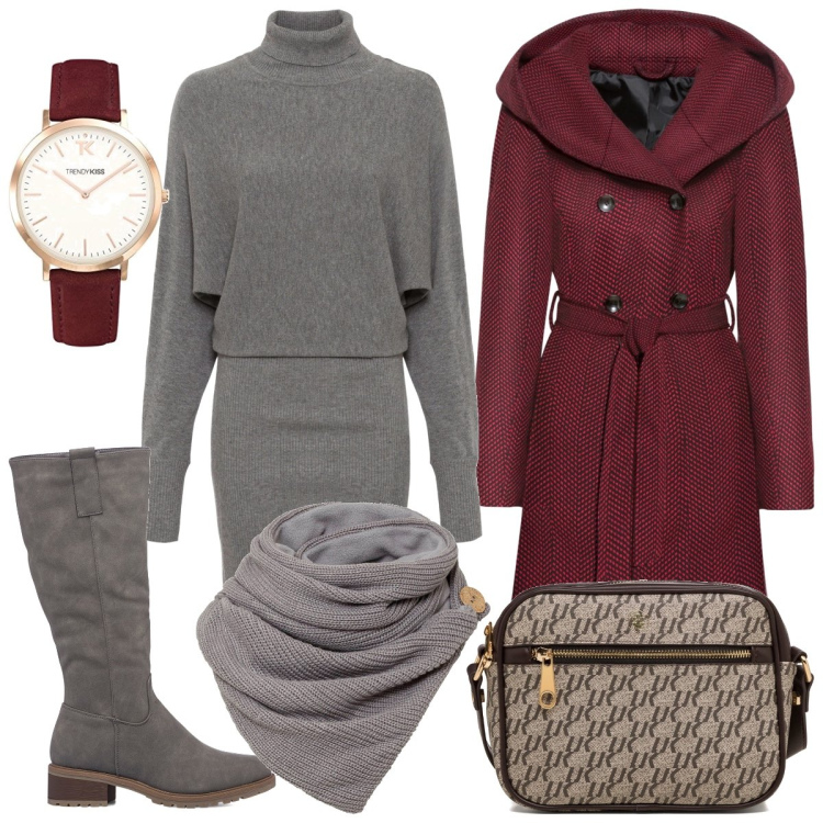 Outfit donna - Caldo e morbido. Stile Casual per Tutti i giorni. Abbinamento con vestiti, cappotti, foulard, stivali sopra il ginocchio, borse a tracolla, orologi.