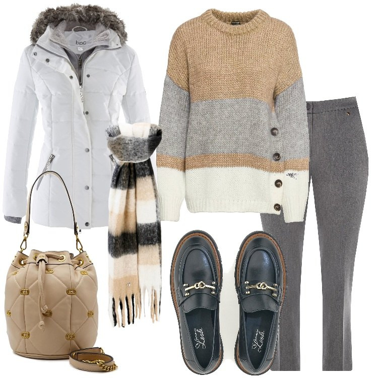 Outfit donna - Una morbida sciarpa. Stile Casual per Tutti i giorni. Abbinamento con maglieria, piumini, pantaloni skinny, sciarpe, mocassini, borse a spalla.