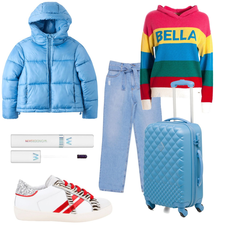 Outfit donna - In partenza. Stile Trendy per Tutti i giorni. Abbinamento con rossetti, piumini, sneakers, maglieria, valigie, jeans.