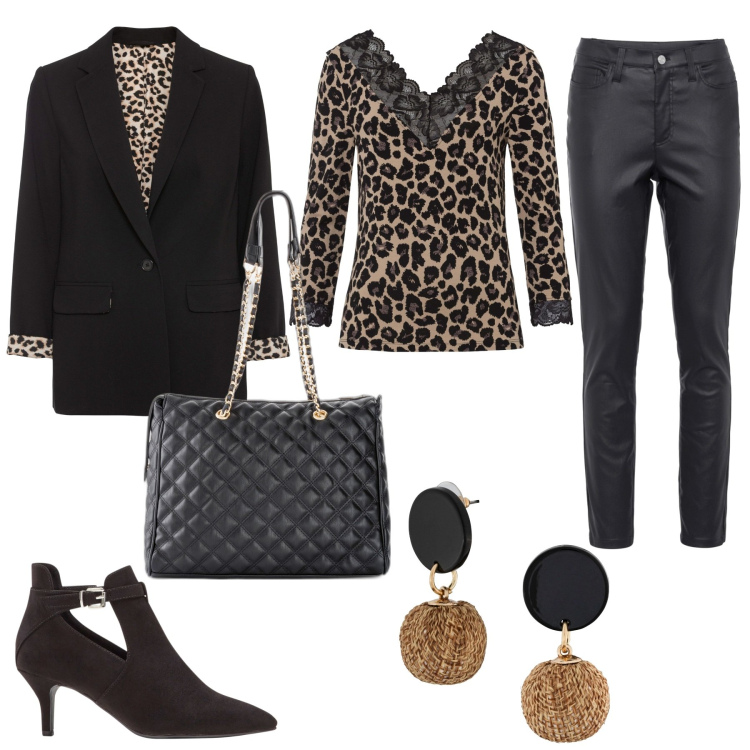 Outfit donna - Animalier. Stile Rock per Serata fuori. Abbinamento con blazer, orecchini, shopping bag, pantaloni skinny, maglieria, stivaletti.