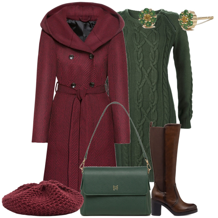 Outfit donna - Il vestito in maglia. Stile Casual chic per Tutti i giorni. Abbinamento con cappotti, vestiti, cappelli e berretti, orecchini, stivali sopra il ginocchio, borse a tracolla.
