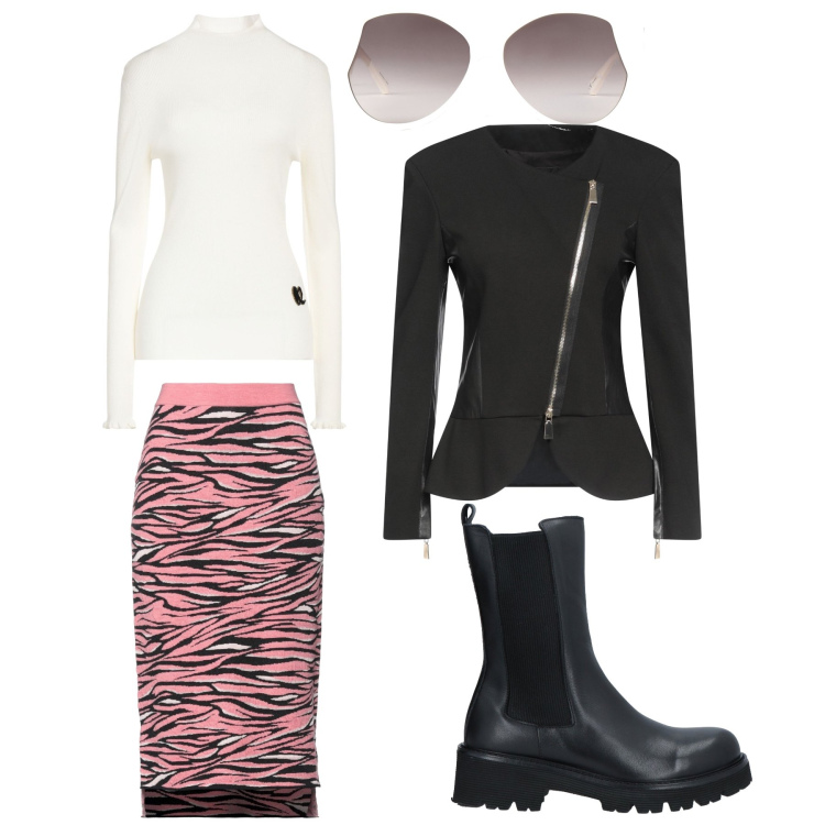 Outfit donna - Black & white con una pennellata di rosa. per Serata fuori. Abbinamento con blazer, stivaletti chelsea, gonne longuette, maglieria, occhiali da sole.