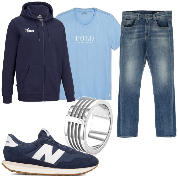 Outfit uomo - Pomeriggio in famiglia. Stile Urban per Tutti i giorni. Abbinamento con jeans dritti, t-shirt, felpe con cappuccio, sneakers, anelli.