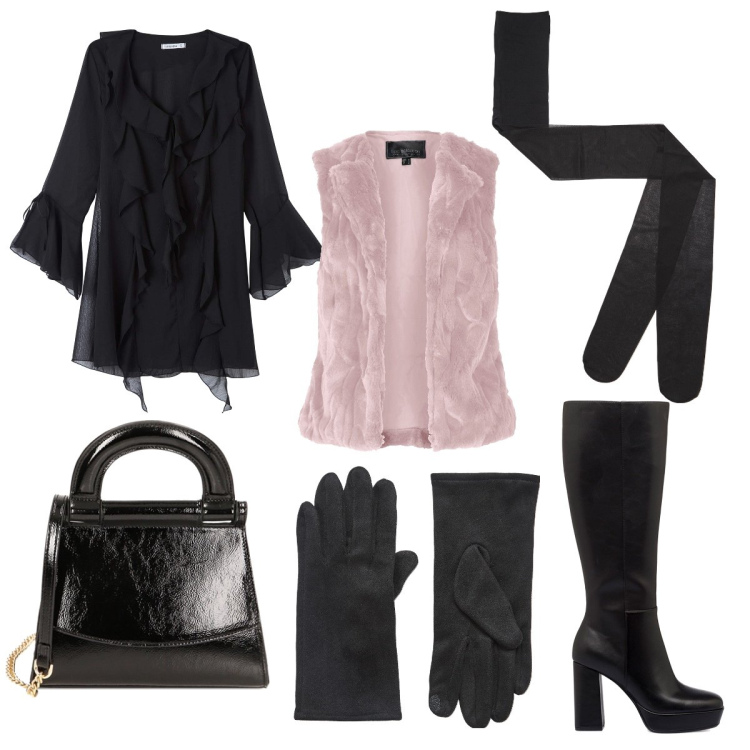 Outfit donna - Charme e calore. Stile Casual chic per Tutti i giorni. Abbinamento con gilet, guanti, vestiti corti, collant, borse a mano, stivali sopra il ginocchio.