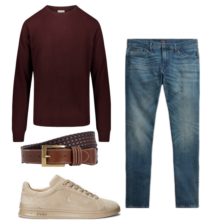 Outfit uomo - Bordeaux. Stile Casual per Tutti i giorni. Abbinamento con sneakers, jeans, maglieria, cinture.