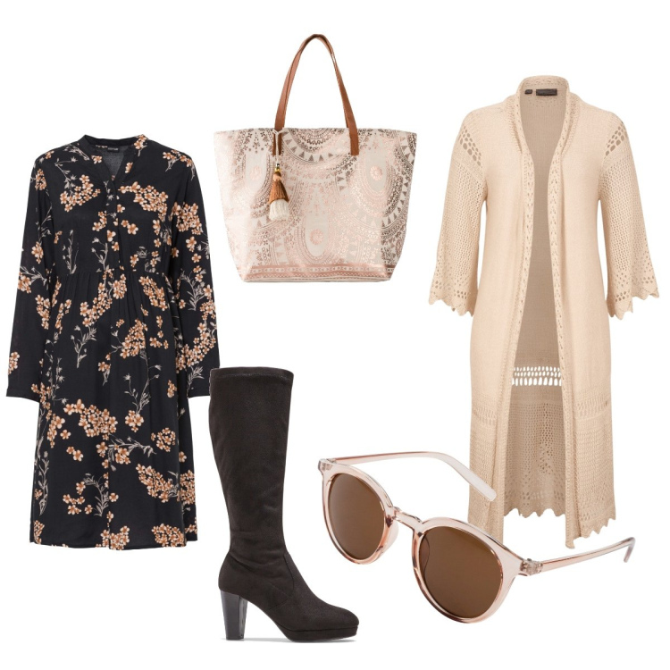 Outfit donna - Primavera in autunno. Stile Boho per Tutti i giorni. Abbinamento con cardigans, occhiali da sole, vestiti, stivali sopra il ginocchio, shopping bag.