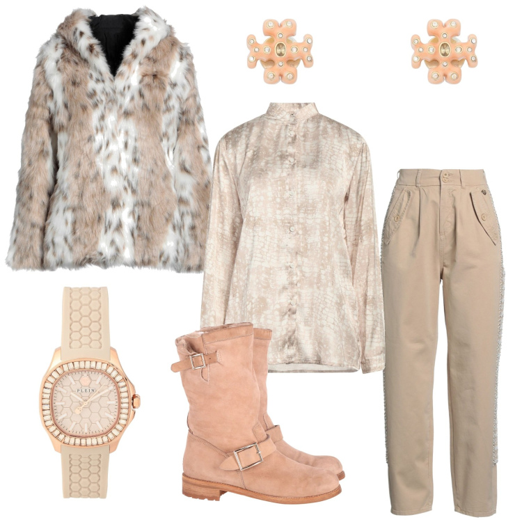 Outfit donna - Beige di carattere. Stile Trendy per Serata fuori. Abbinamento con cappotti, pantaloni, stivaletti, orologi, camicie, orecchini.