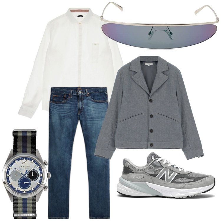 Outfit uomo - Grigio e blu. Stile Business/Elegante per Ufficio. Abbinamento con cappotti, camicie, jeans dritti, occhiali da sole, sneakers, orologi.