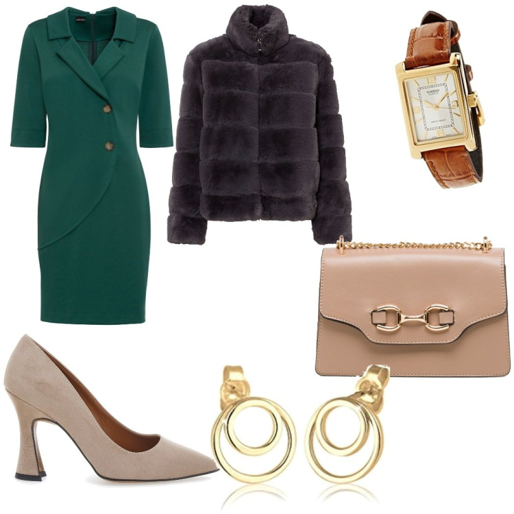 Outfit donna - Serata speciale. Stile Bon Ton per Serata fuori. Abbinamento con ecopellicce, vestiti, borse a tracolla, orologi analogici, orecchini, décolleté.